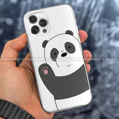 Transparent phone case with cute cartoon panda design held in a hand