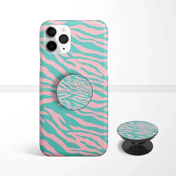 Pink and teal zebra print phone case with matching pop socket for mobile protection