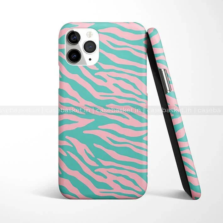 Stylish mobile phone case with teal and pink zebra print pattern, protective cover