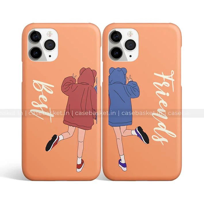 Best friends matching phone cases with cartoon girls in hoodies, orange background