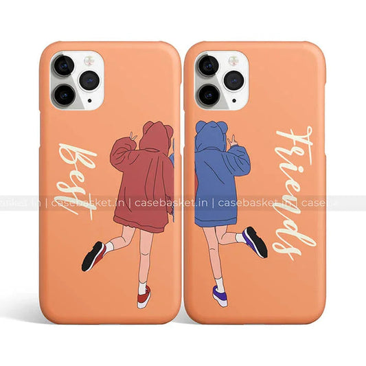 Best friends matching phone cases with cartoon girls in hoodies, orange background