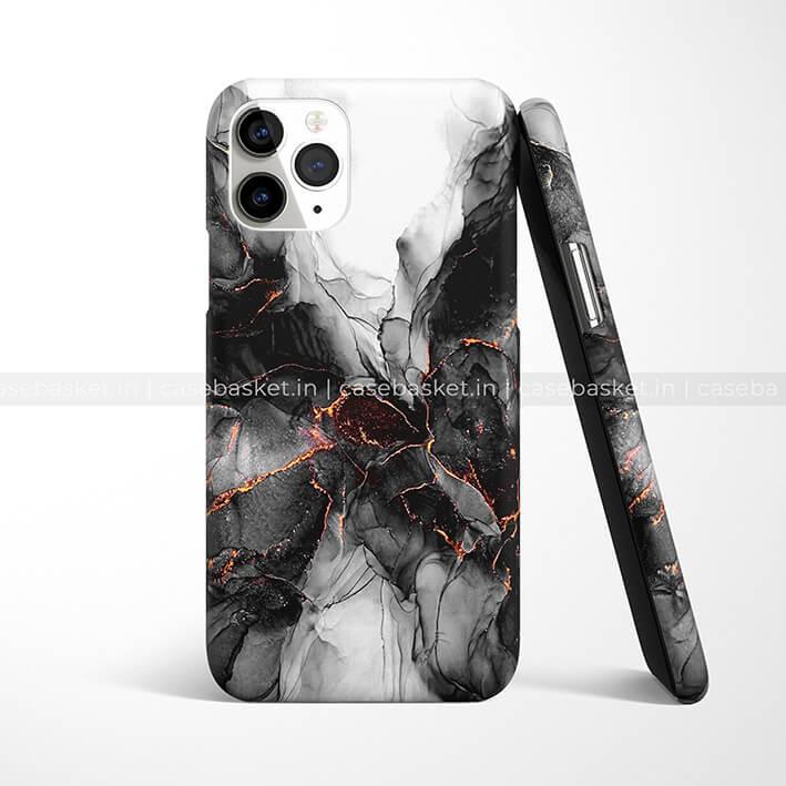 Black marble phone case with abstract fiery orange vein design for smartphone protection