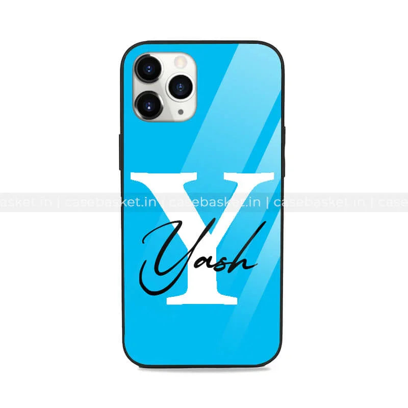 Blue personalized phone case with large white Y and Yash text for iPhone