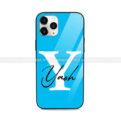 Blue personalized phone case with large white Y and Yash text for iPhone