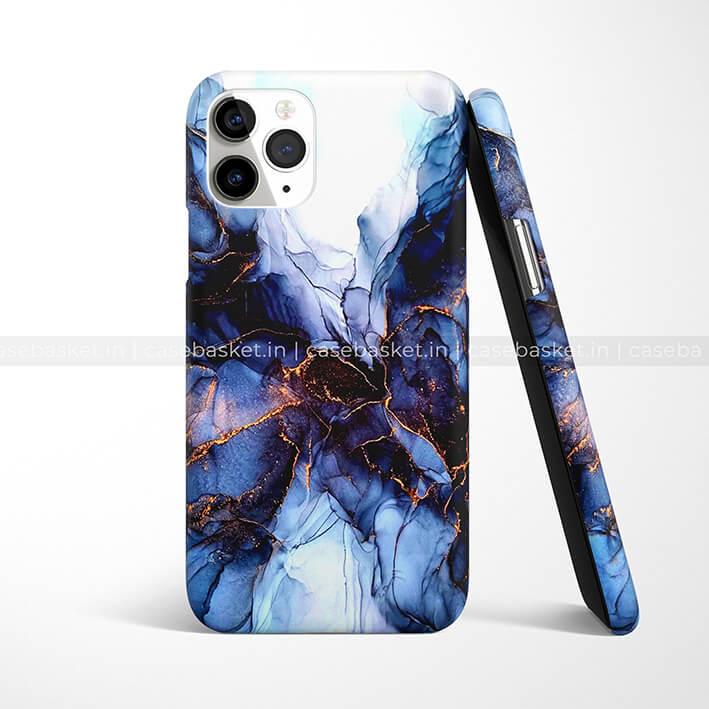 Blue marble pattern phone case with gold accents for iPhone, stylish mobile cover