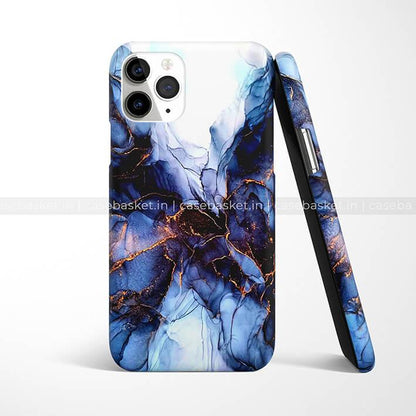 Blue marble pattern phone case with gold accents for iPhone, stylish mobile cover