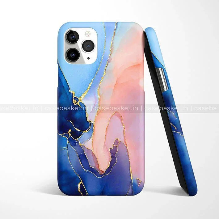 Blue and peach marble phone case with gold veining for iPhone, stylish abstract design