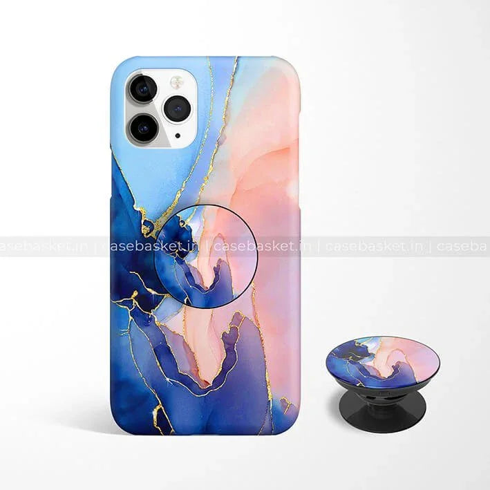 Blue and peach marble pattern phone case and matching grip for smartphone