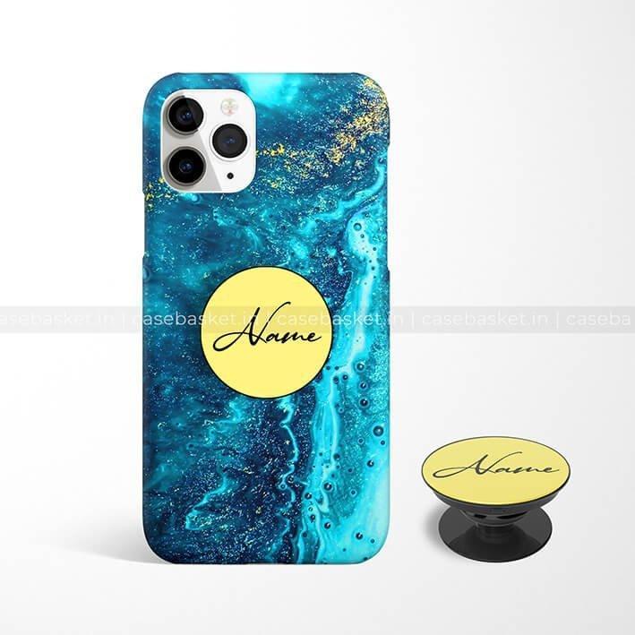 Blue galaxy swirl phone case with gold accents and matching yellow grip holder