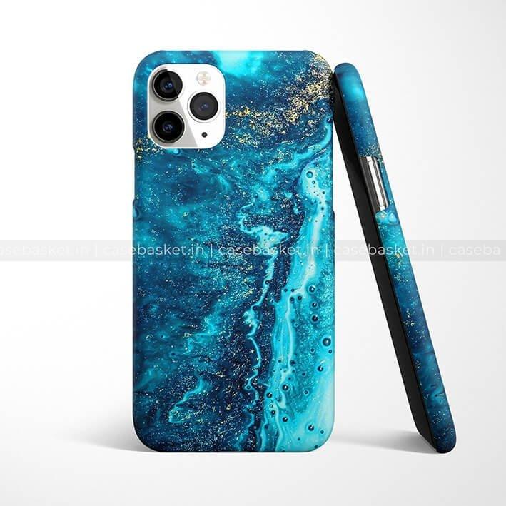 Blue marble phone case with gold accents for iPhone, stylish protective cover design