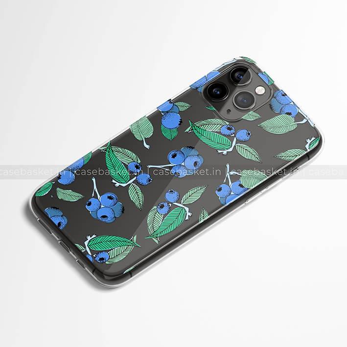 Black phone case with blue blueberry and green leaf print design for smartphones
