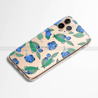 Transparent phone case with blue berry and green leaf pattern for iPhone
