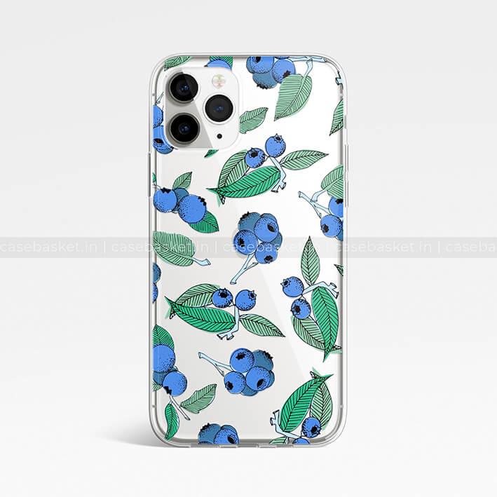 Clear phone case with blue blueberry and green leaf pattern for smartphones