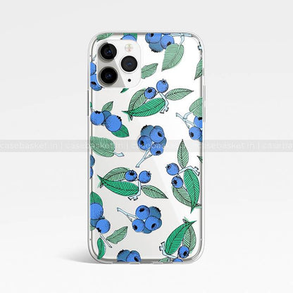 Clear phone case with blue blueberry and green leaf pattern for smartphones