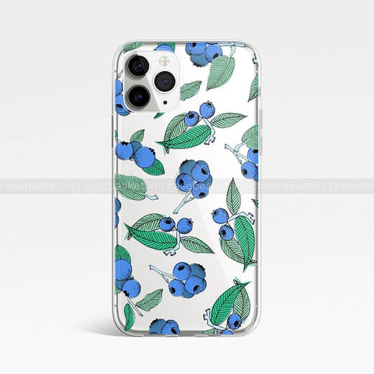 Clear phone case with blue blueberry and green leaf pattern for smartphones