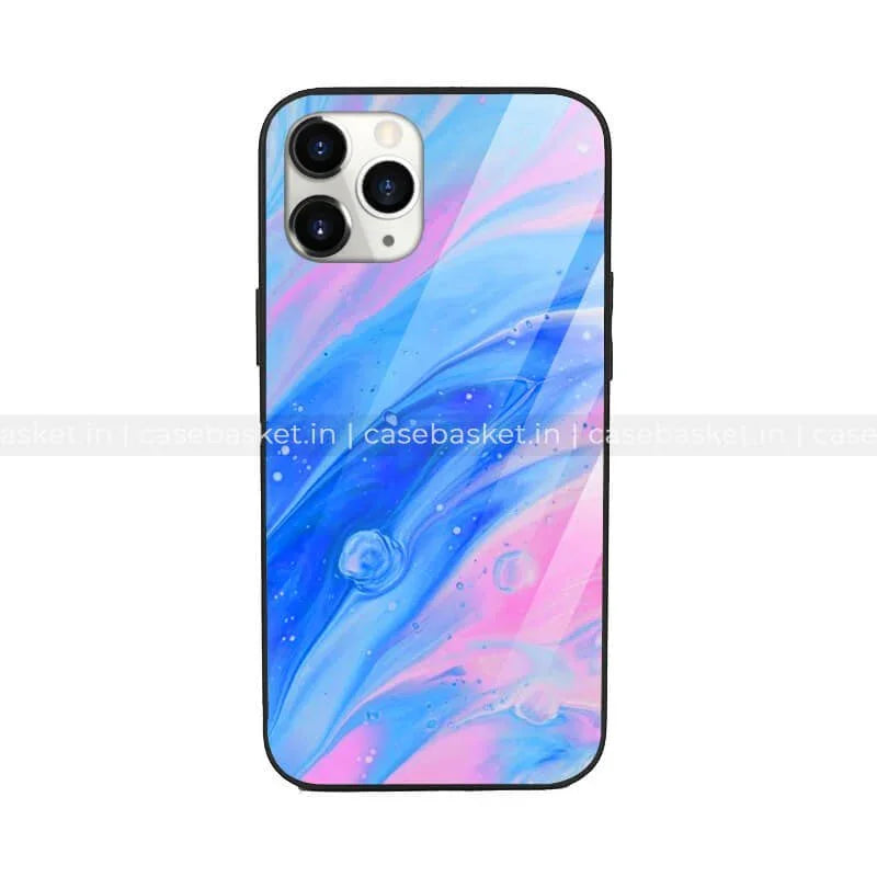 Blue and pink fluid marble iPhone case with abstract swirl design, glossy finish