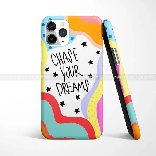 Colorful phone case with 'Chase Your Dreams' text and abstract star pattern design