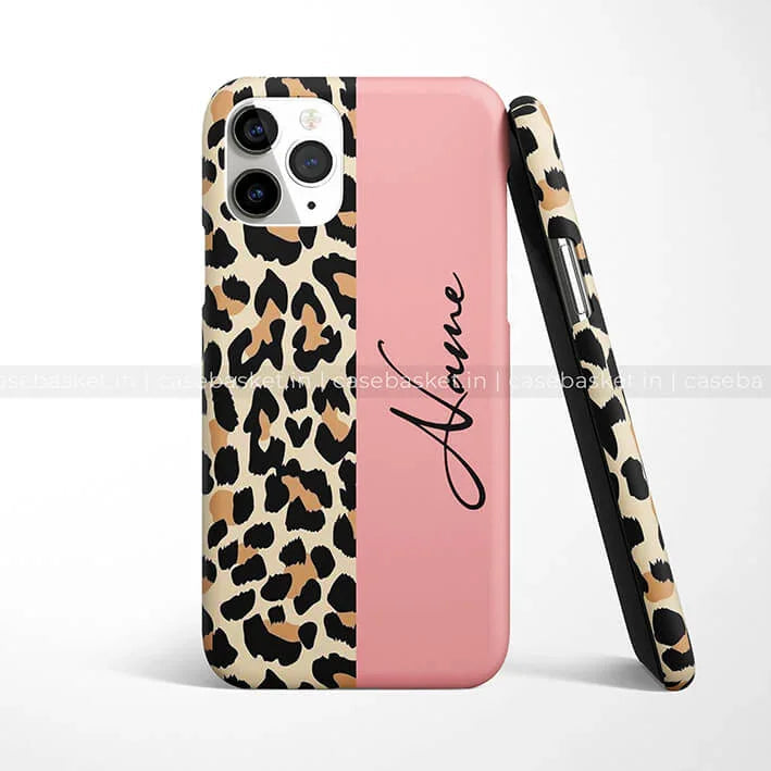 Leopard print and pink mobile case with black script text, stylish animal pattern phone cover