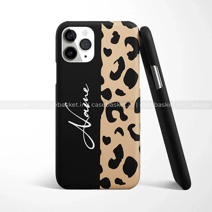 Black and beige cheetah print phone case with cursive white name text, stylish cover design