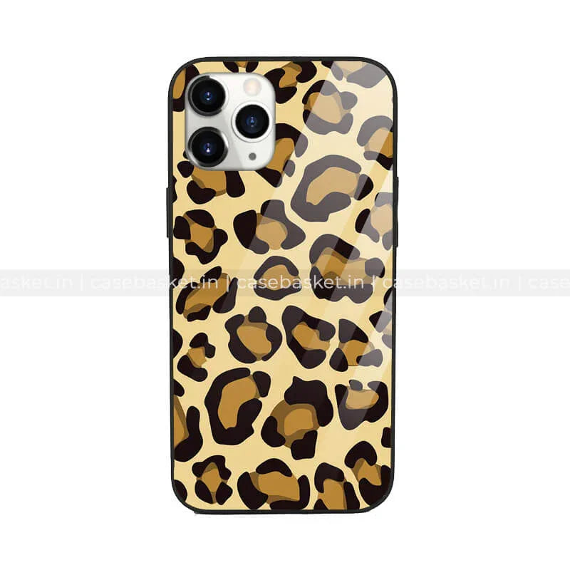 Leopard print phone case with brown and black animal pattern on a yellow background