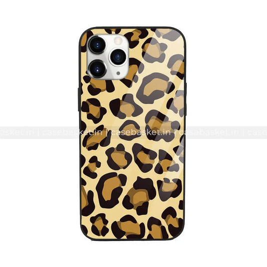 Leopard print phone case with brown and black animal pattern on a yellow background
