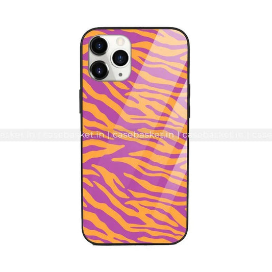 Glossy phone case with orange and purple tiger stripe pattern, abstract animal print cover