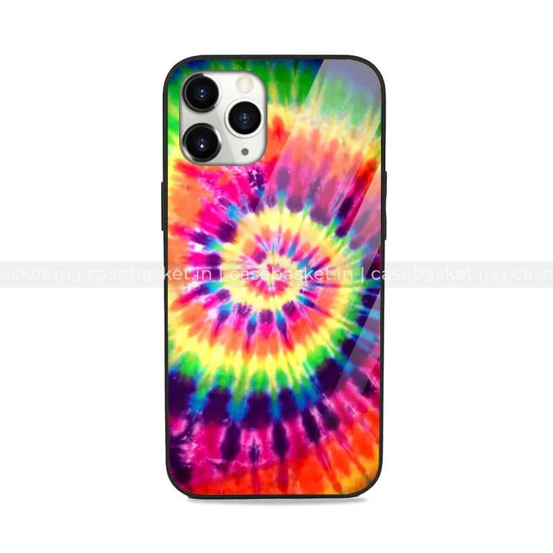 Colorful tie-dye swirl phone case with vibrant rainbow pattern for smartphones.
