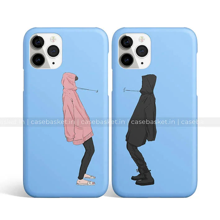 Blue couple phone cases with hoodie cartoon characters connected by a string, unique design covers