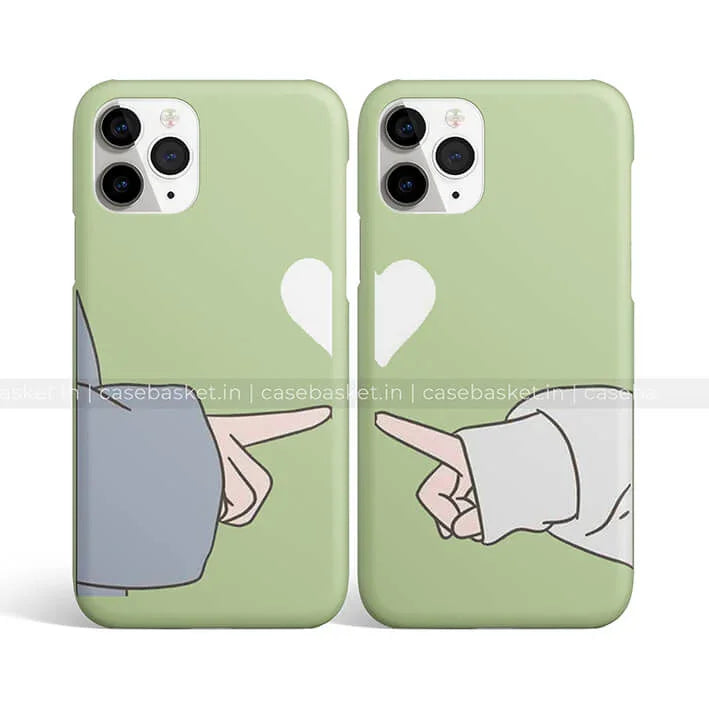 Green matching couple phone cases with cartoon hands and half heart design