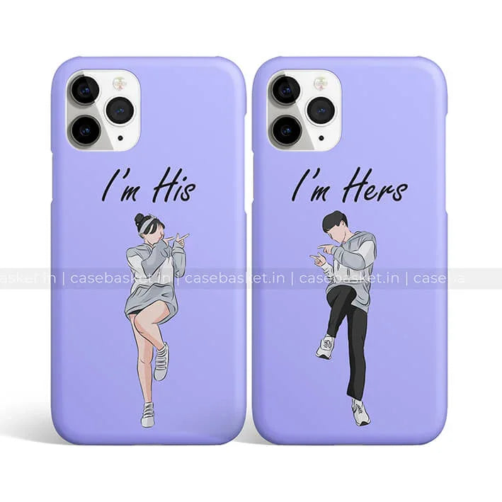 Purple couple phone cases with cartoon boy and girl, 'I'm His' and 'I'm Hers' text