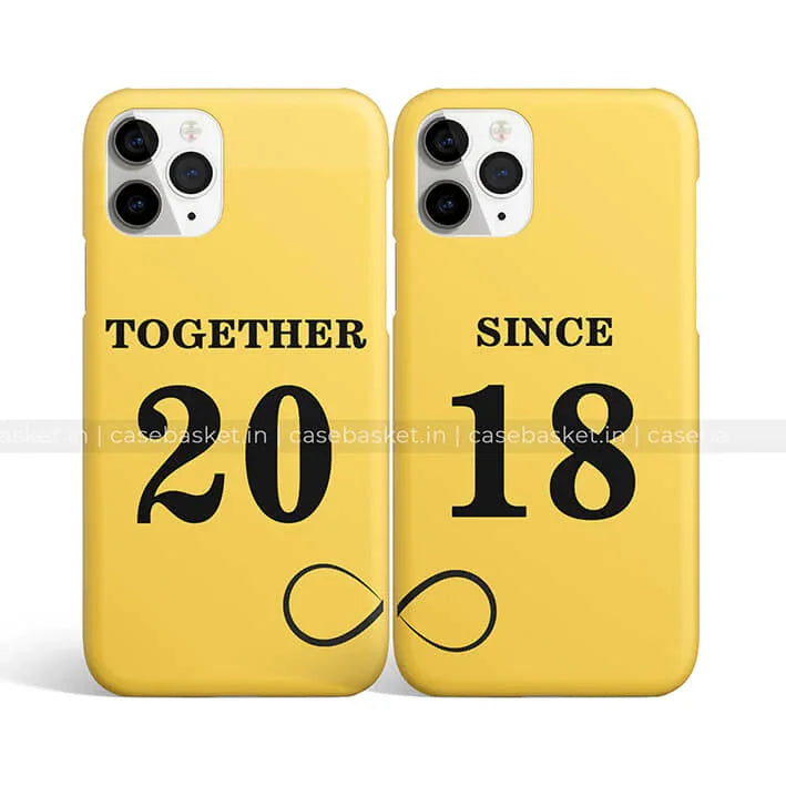 Yellow couple phone cases with 'Together 2018 Since' and infinity symbol design.