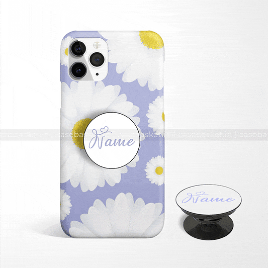 Lavender daisy flower phone case with custom name pop grip, floral phone cover design