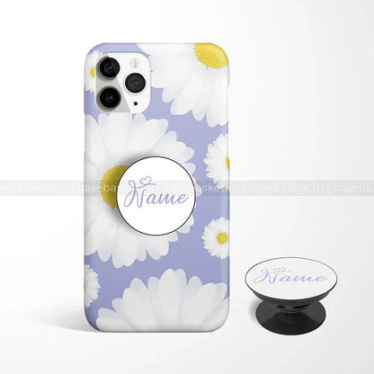 Daisy floral phone case with lavender background and matching pop socket, customizable name accent.