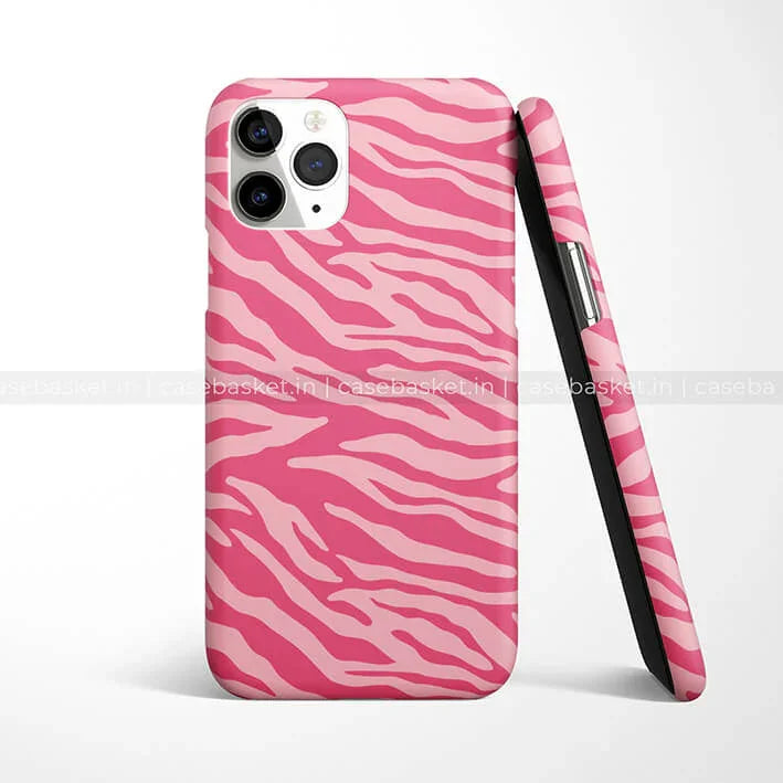 Pink zebra print mobile phone case with camera cutout, shown front and side view
