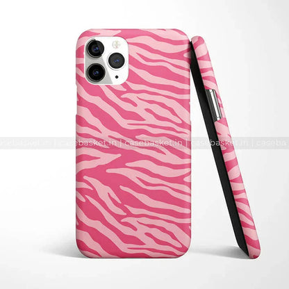 Pink zebra print mobile phone case with camera cutout, shown front and side view