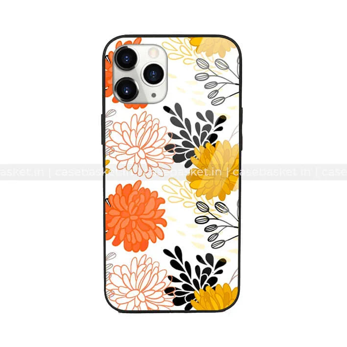 Floral phone case with orange, yellow, black, and white chrysanthemum design