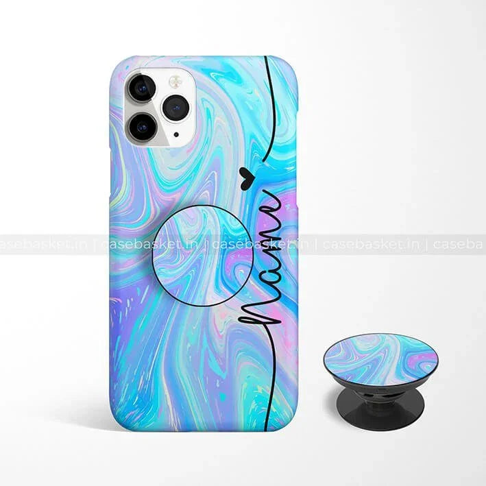 Blue and purple marble swirl phone case with matching grip and 'Mamu' text design
