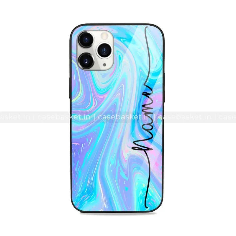 Mint blue swirl marble phone case with personalized name script design, compatible with iPhone.