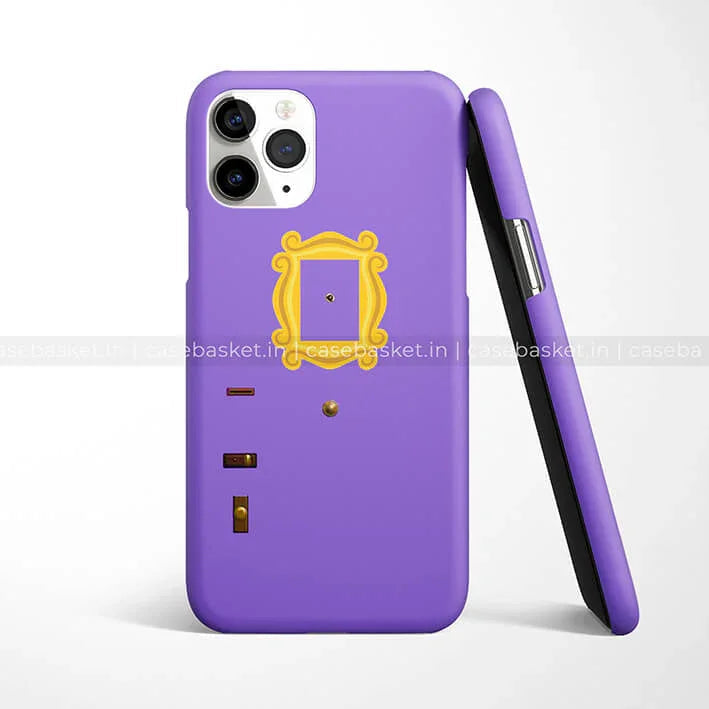 Purple phone case with yellow door frame design, inspired by classic TV series, on white background.