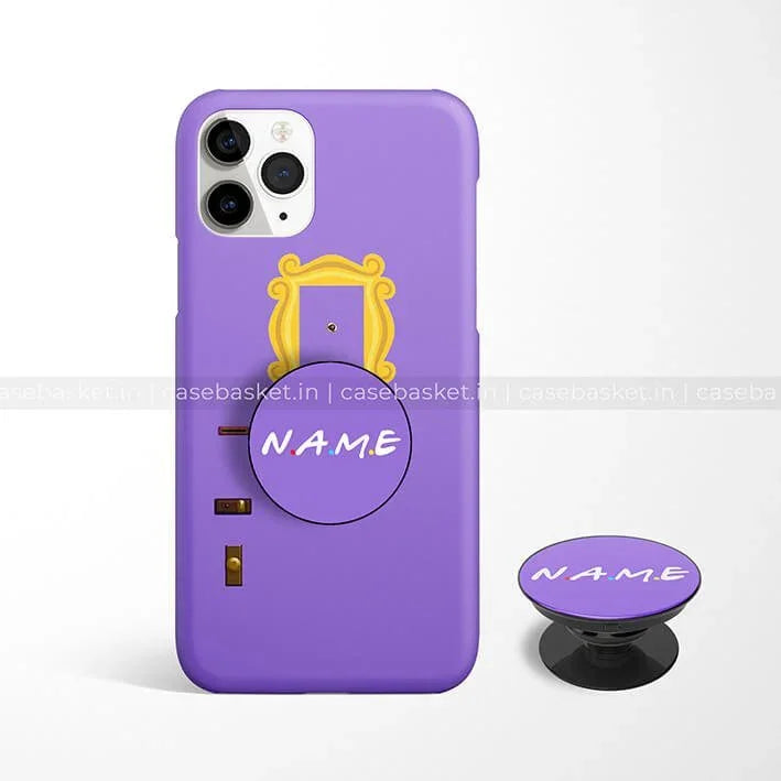 Purple phone case with yellow frame design and matching purple phone grip, customizable text