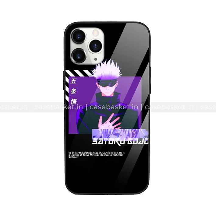 Anime character design black glass phone case with white haired figure and Japanese text.