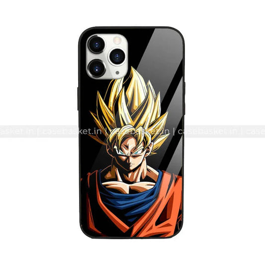 Anime character design glass phone case with spiky blond hair and orange outfit