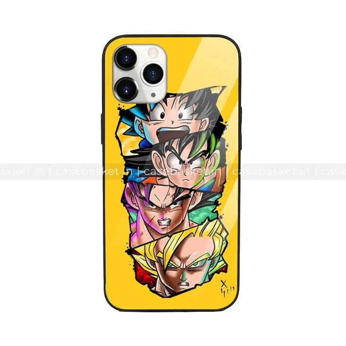 Yellow glass phone case with anime character faces design for iPhone