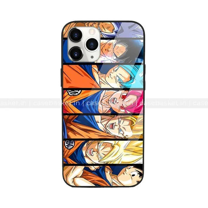 Anime character evolution glass phone case with colorful designs, compatible with iPhone.