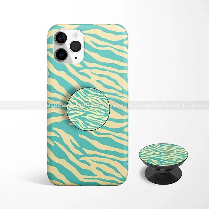 Green and beige zebra print phone case with matching pop socket for mobile covers