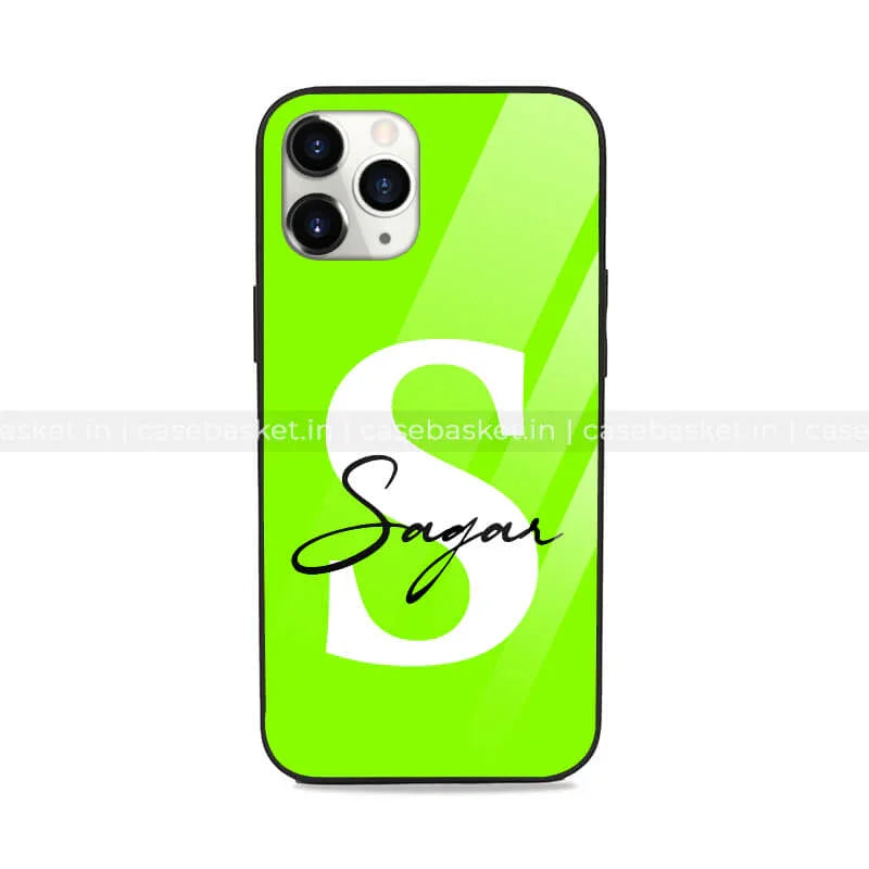 Green personalized phone case with large white S and the name Sagar for iPhone
