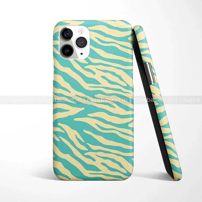 Green and beige zebra stripe pattern phone case for iPhone with camera cutout