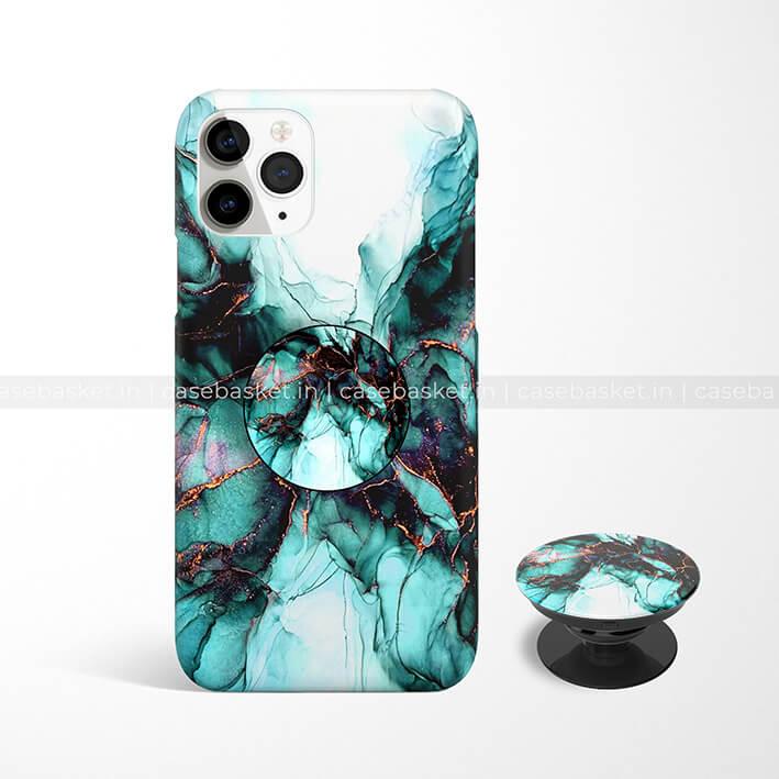 Green marble phone case with matching pop socket for iPhone, abstract pattern design