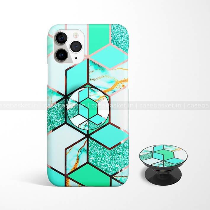 Green geometric hexagon pattern phone case with matching pop socket on white background