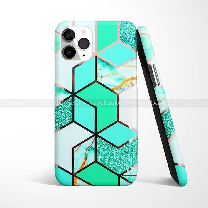 Green geometric pattern mobile phone case with glitter and marble accents, modern design cover